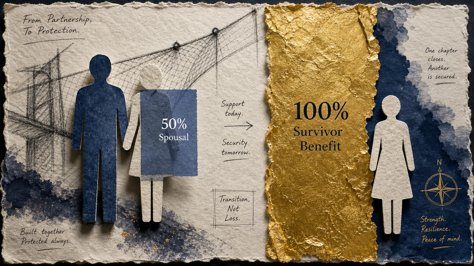 A mixed-media collage illustrating the transition from a 50% spousal benefit to a 100% survivor benefit using paper cutouts and gold leaf.