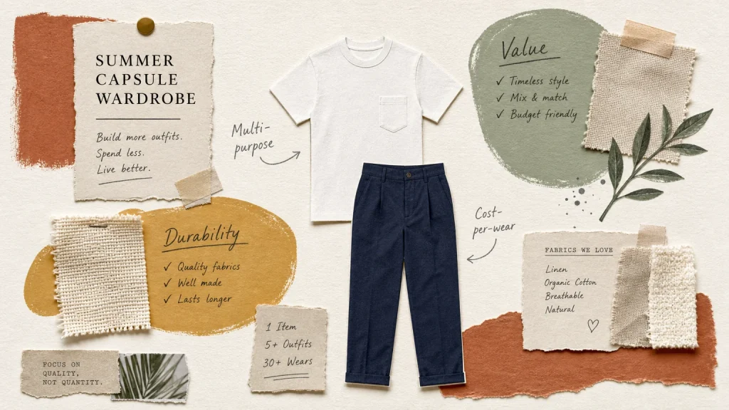 A mixed-media collage showing a white shirt and navy pants with fabric swatches and handwritten notes about summer wardrobe value.
