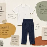 A mixed-media collage showing a white shirt and navy pants with fabric swatches and handwritten notes about summer wardrobe value.