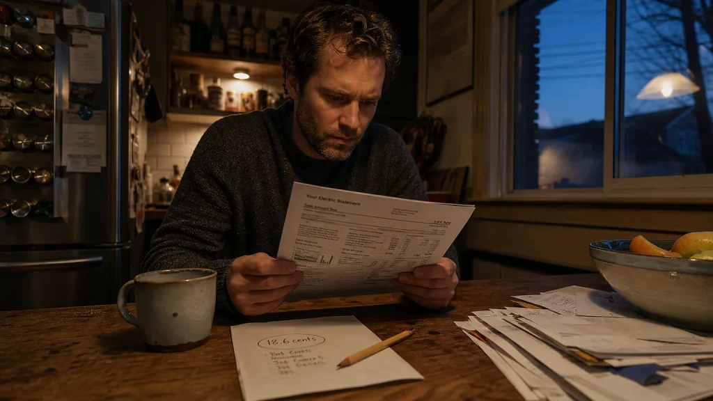 A person at a kitchen table at night reviewing a utility bill with a handwritten note about 18.6 cents per kilowatt-hour.