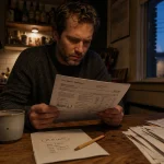 A person at a kitchen table at night reviewing a utility bill with a handwritten note about 18.6 cents per kilowatt-hour.