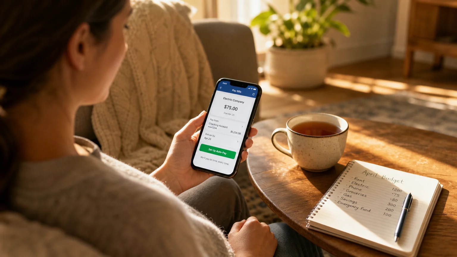 A person sits in a sunny living room setting up auto-pay on their smartphone, with budget notes on the table.