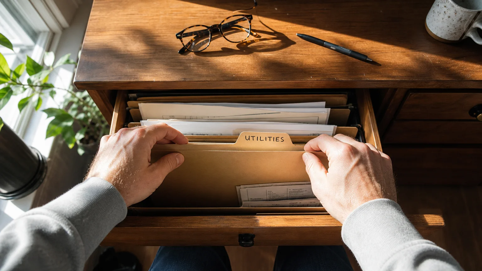 A person's hands organizing utility papers in a wooden drawer in a sunlit room.