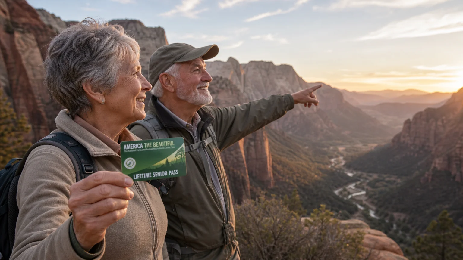 A retired couple holds up a Lifetime Senior Pass while hiking in a beautiful, grand canyon landscape during sunset.