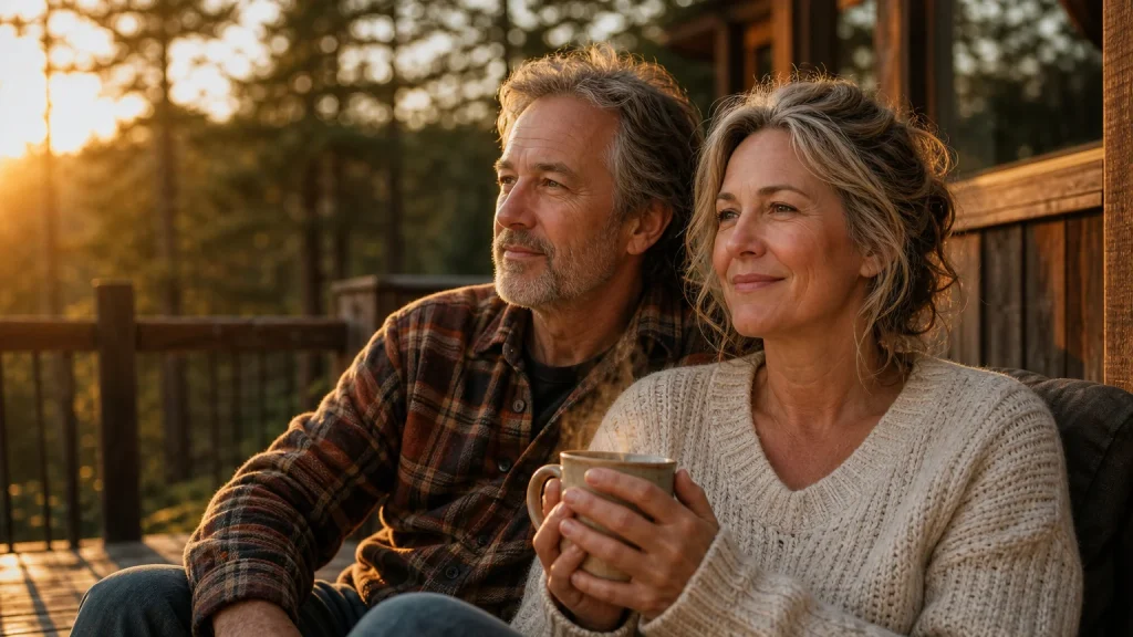 A retired couple sitting on a wooden deck during golden hour, looking relaxed and thoughtful.