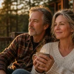 A retired couple sitting on a wooden deck during golden hour, looking relaxed and thoughtful.