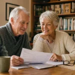A retired couple smiling together while looking over financial paperwork at their sunlit kitchen table, expressing relief.