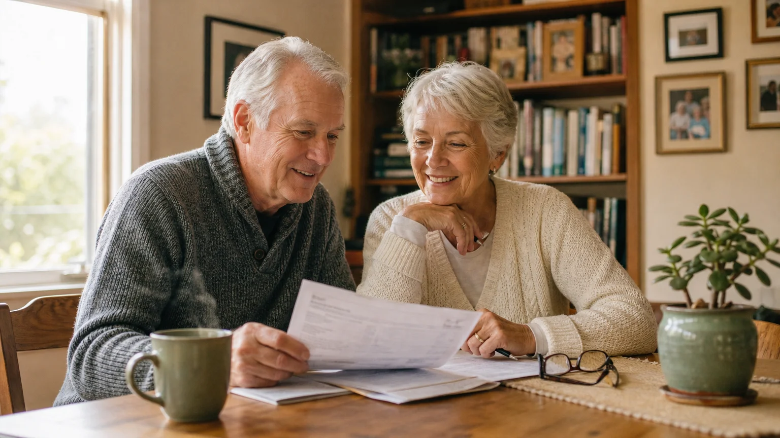 A retired couple smiling together while looking over financial paperwork at their sunlit kitchen table, expressing relief.