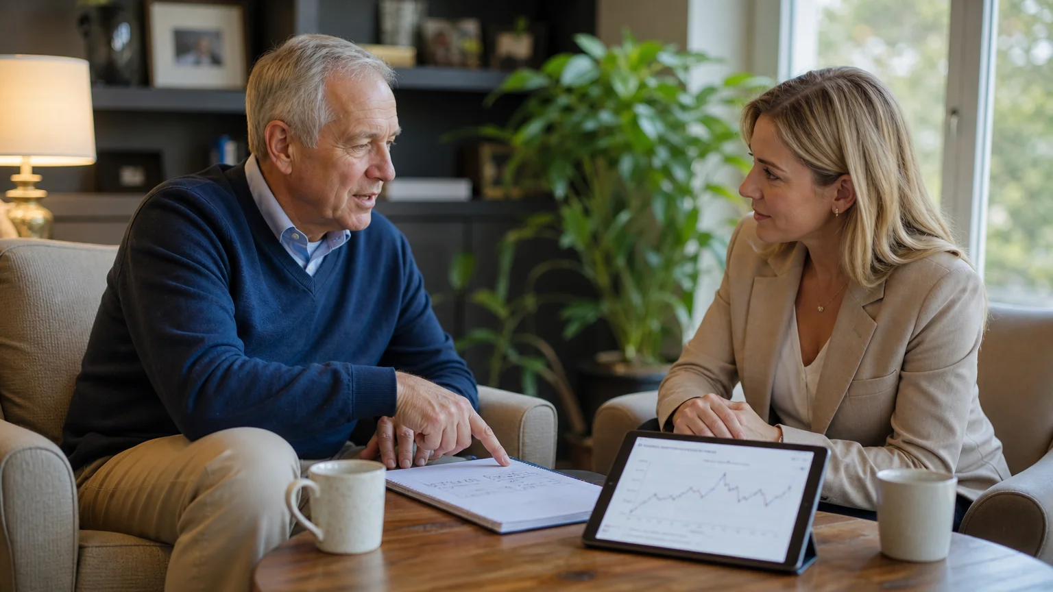 A retired man and a financial advisor discuss retirement strategy around a coffee table in a bright, casual home office.
