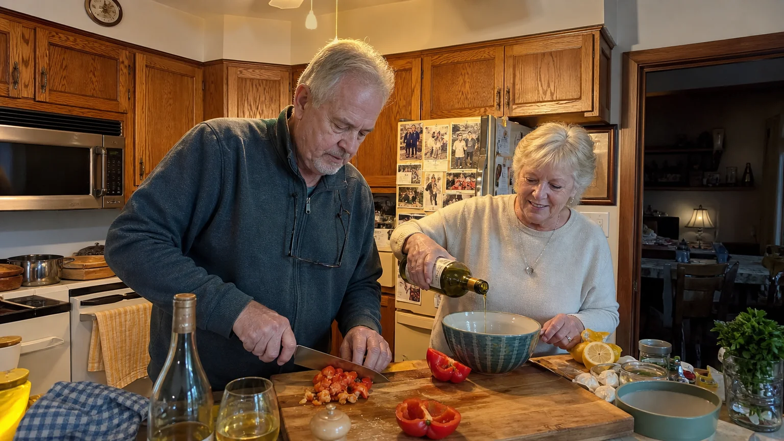 A senior couple laughing and preparing a fresh salad together in their warm, authentic home kitchen.