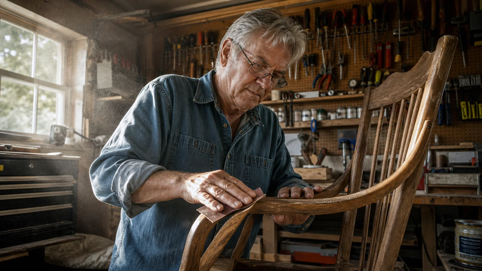 A senior man in a denim shirt working on woodworking projects in his well-lit garage workshop.