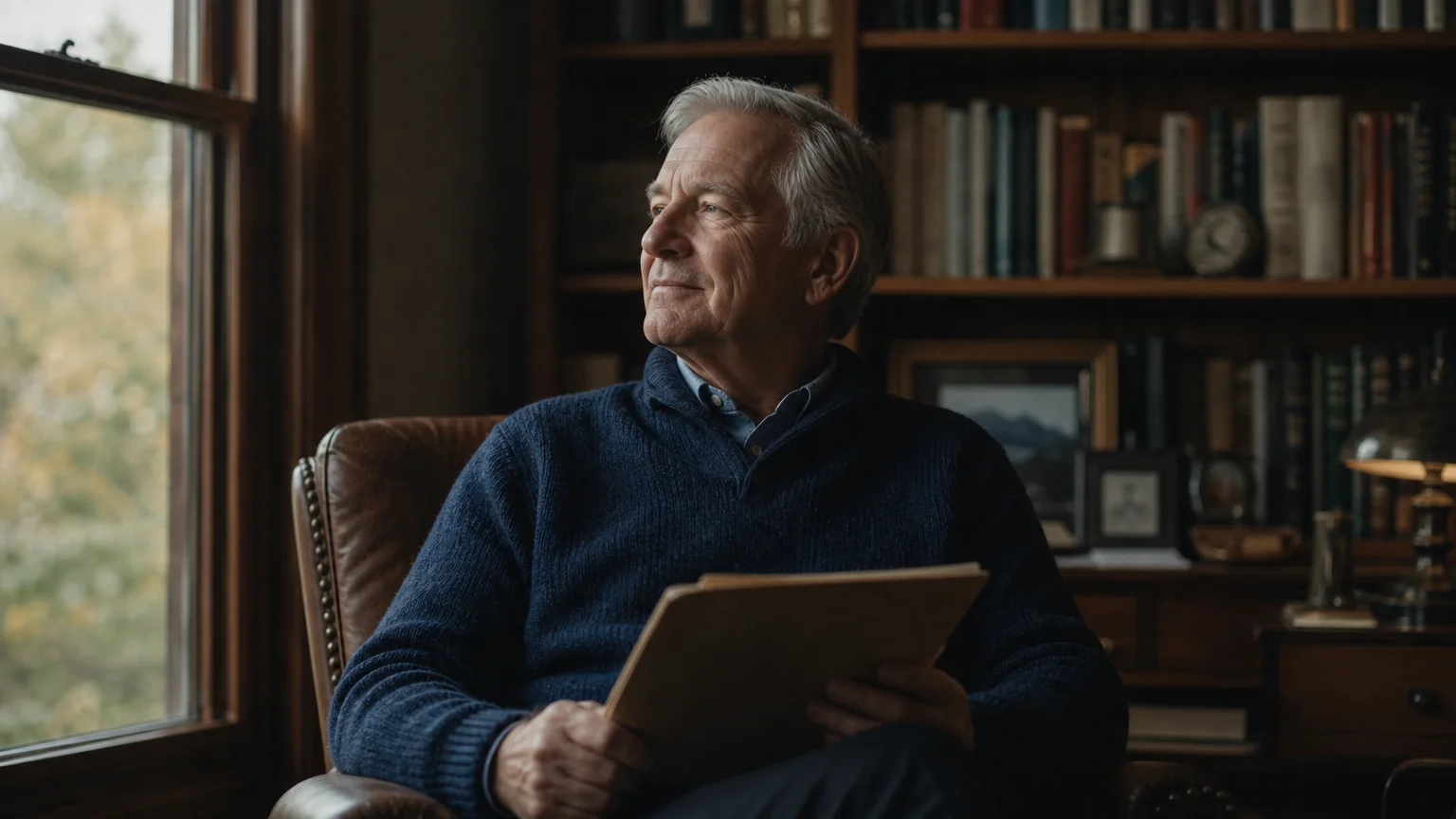 A senior man sitting peacefully in a cozy, book-filled study, holding a document folder and looking out a window.