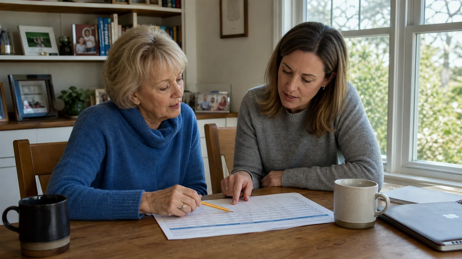 A senior woman sitting at a dining table consulting with a financial advisor over paperwork.