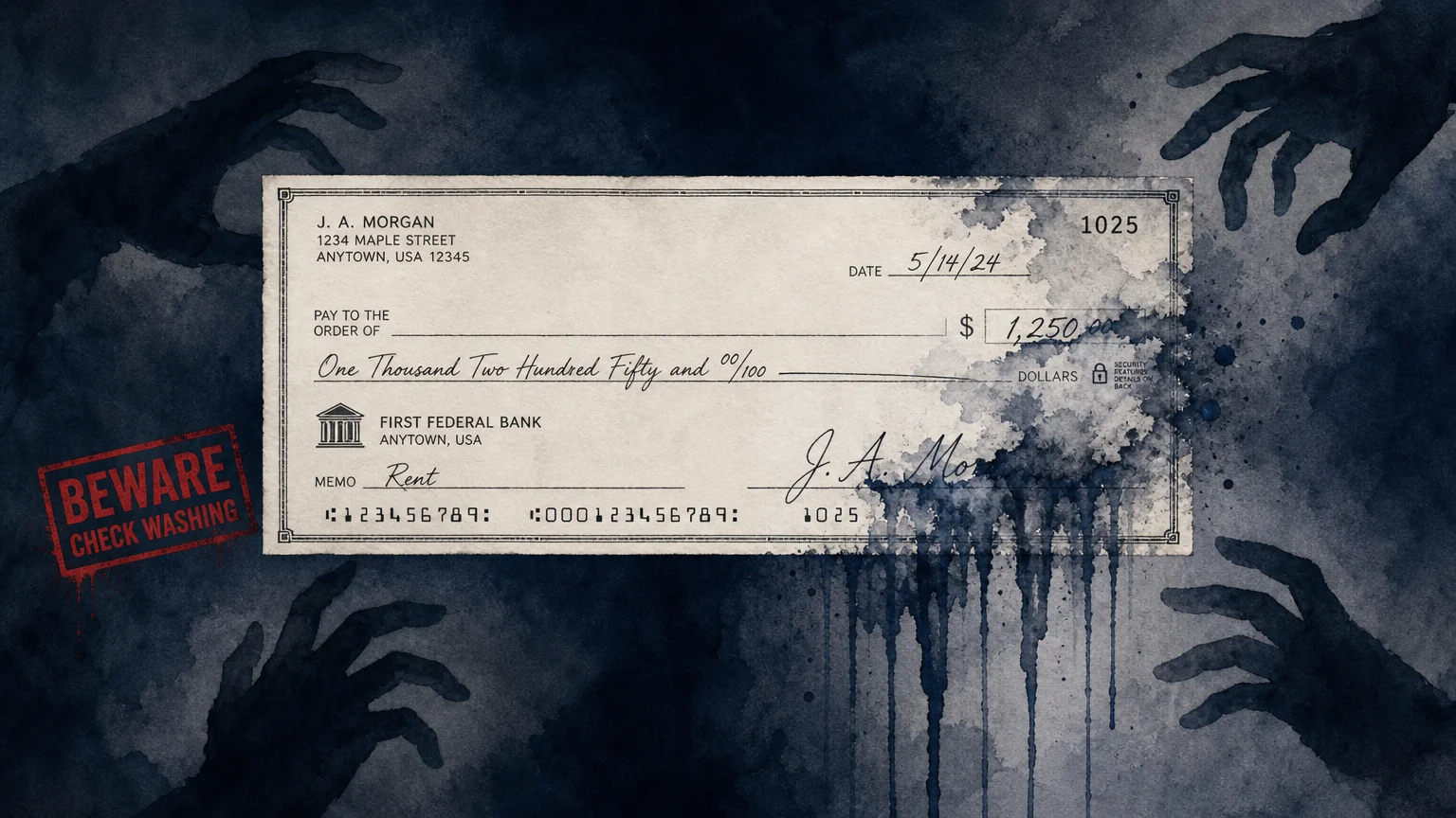 A watercolor illustration of a check with its ink dissolving and washing away, representing the risk of check fraud.