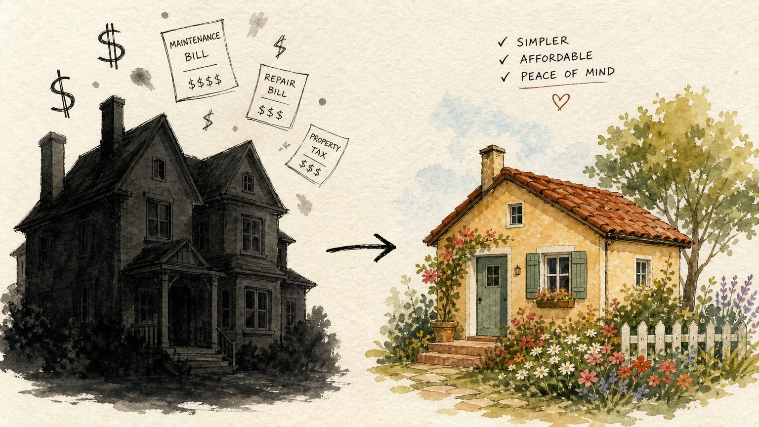 An illustration comparing a large, expensive gray house with a small, cozy, sunlit cottage surrounded by flowers.
