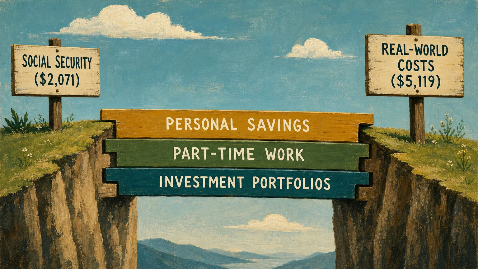 An illustration of a bridge spanning a chasm, with planks labeled Personal Savings, Part-Time Work, and Investment Portfolios.