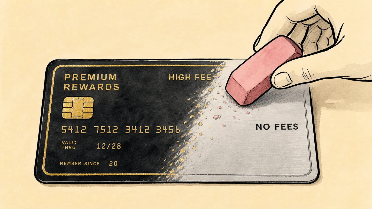 An illustration of an eraser wiping away the gold details of a high-fee credit card, leaving a clean silver card.