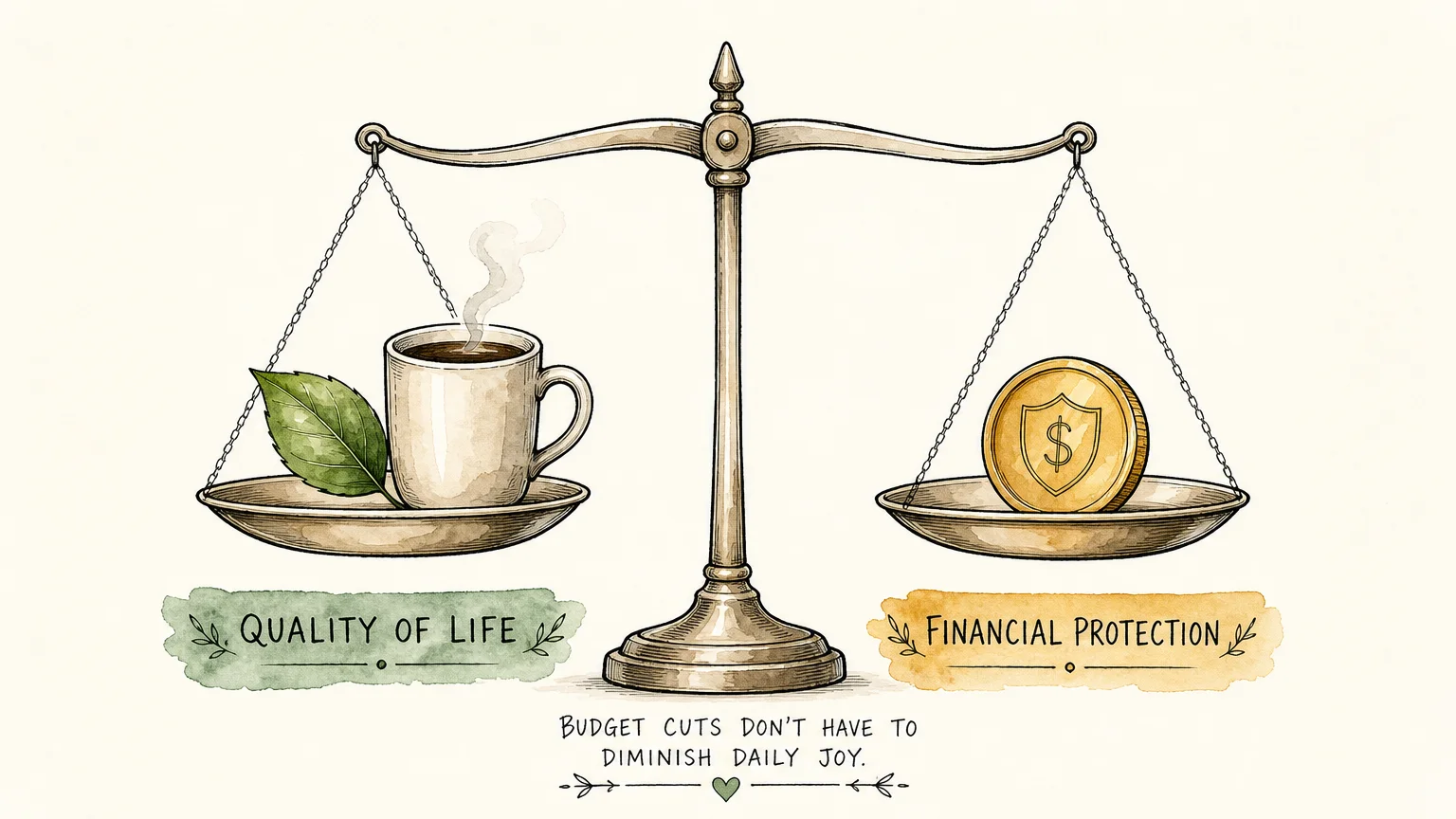 An ink and watercolor illustration of a balance scale perfectly balancing daily joys like coffee with financial security.