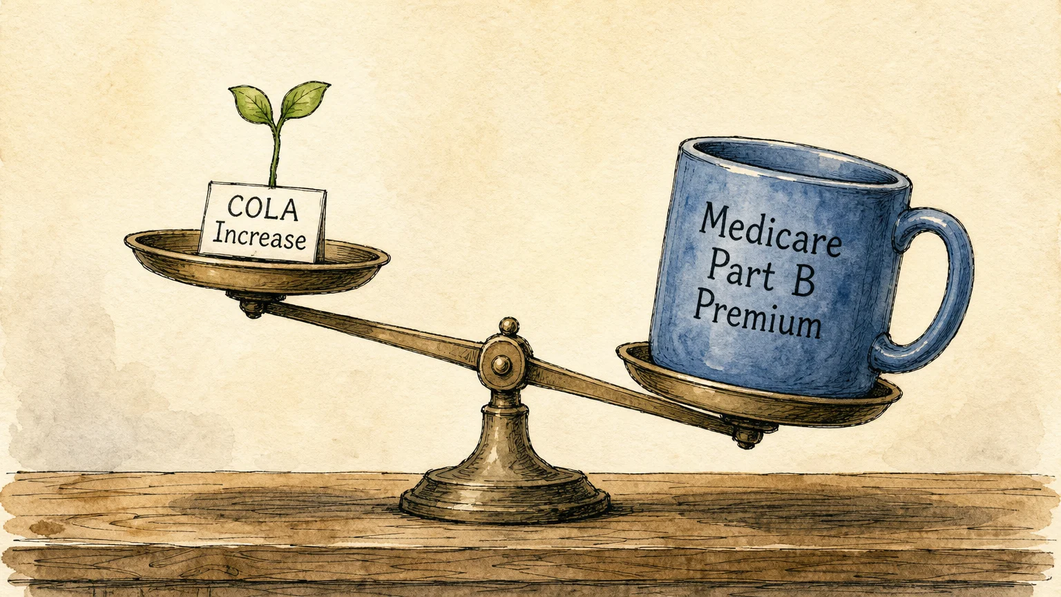 An ink and watercolor illustration of a balance scale tipped downward by a Medicare Part B Premium mug.