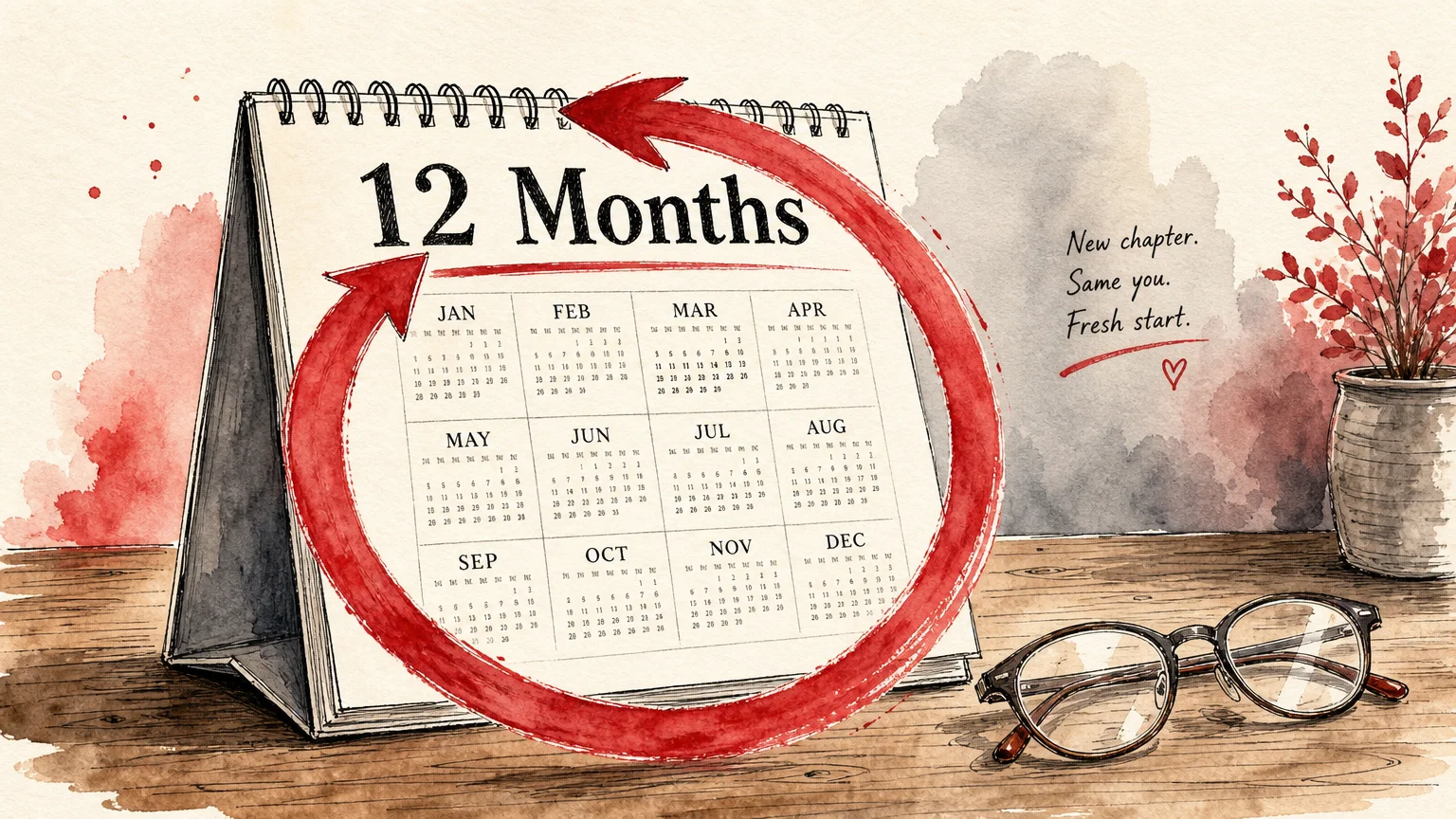 An ink and watercolor illustration of a calendar page with a looping red arrow representing a do-over.