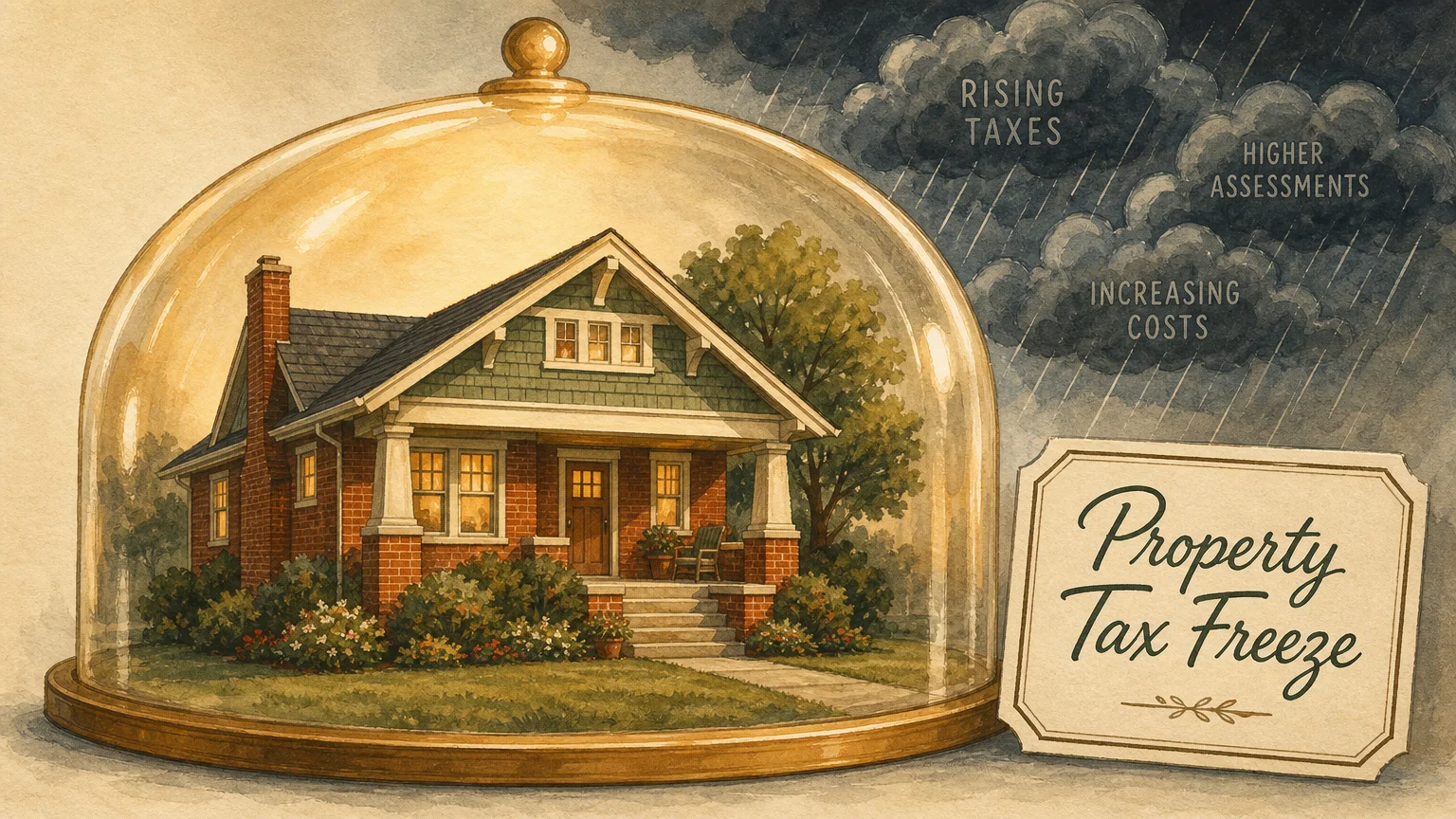 An ink and watercolor illustration of a cozy suburban home protected under a warm golden dome, signifying property tax freezes.