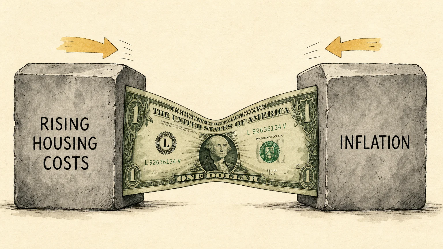 An ink and watercolor illustration of a dollar bill being compressed from both sides by blocks representing rising housing costs and inflati