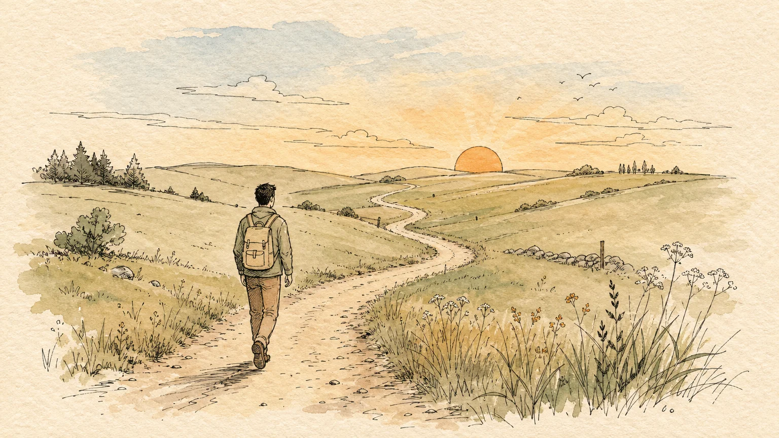 An ink and watercolor illustration of a person walking along a path winding through a meadow toward a rising sun.