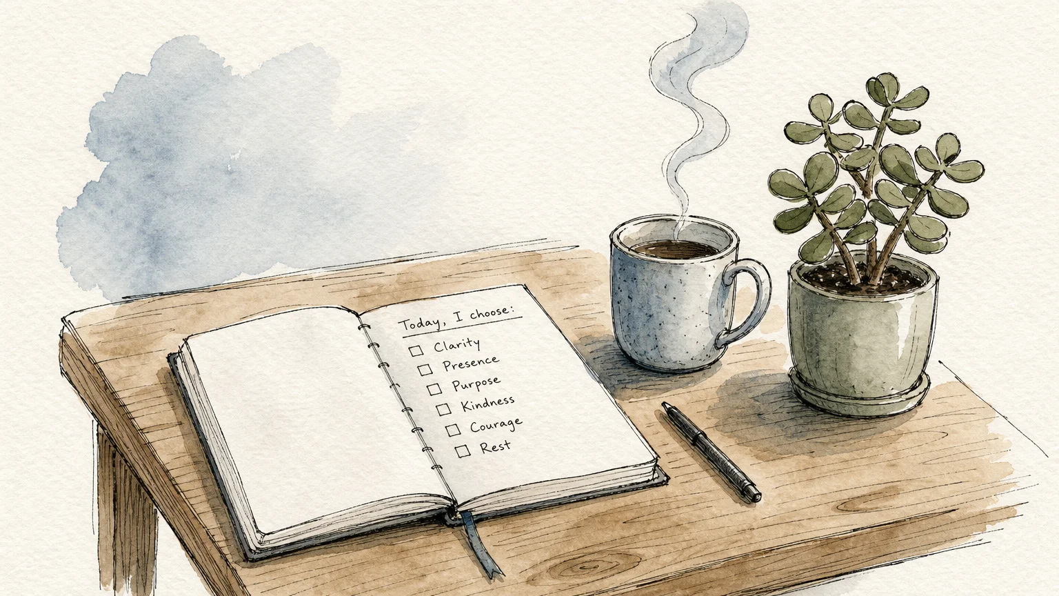 An ink and watercolor illustration of a quiet desk with an open notebook, a steaming mug, and a small potted plant.