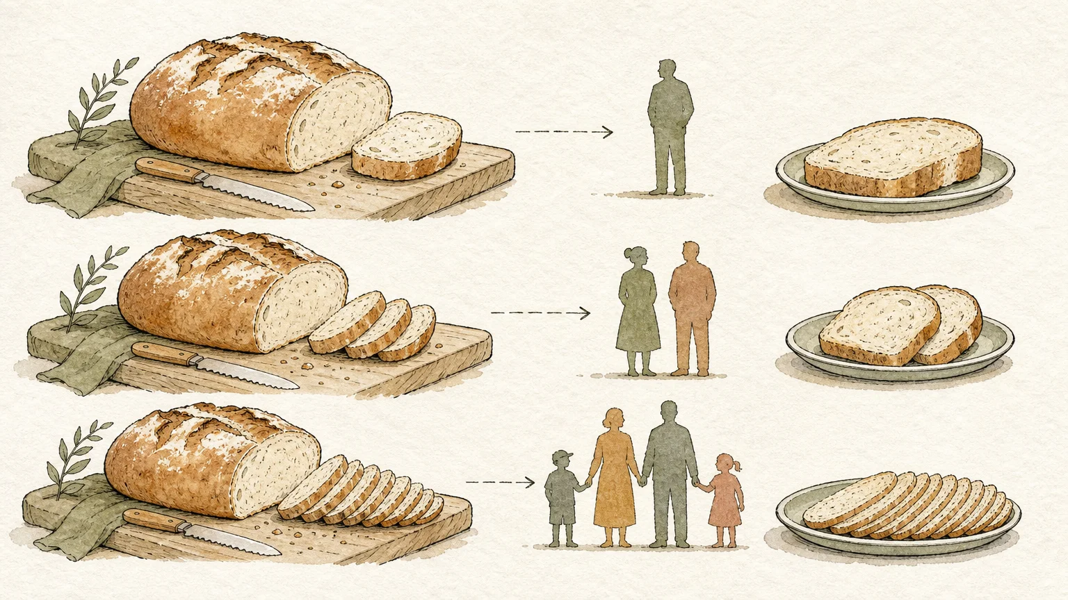 An ink and watercolor illustration of a single loaf of bread being cut into progressively thinner slices for a growing family.
