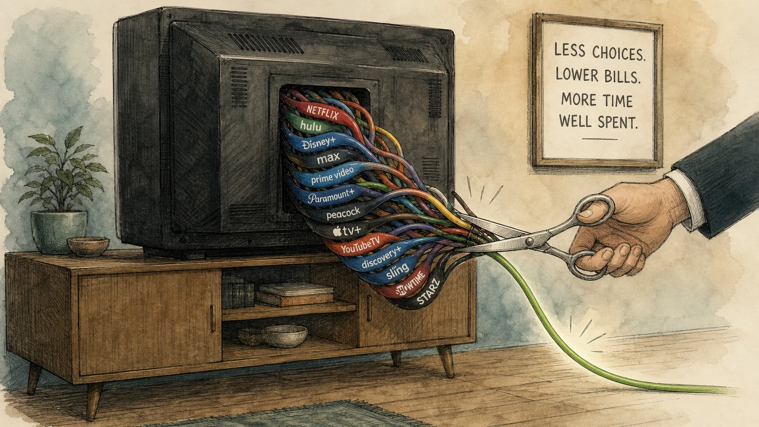 An ink and watercolor illustration of a TV set having its tangled mess of cables neatly trimmed down to a single clean cord.