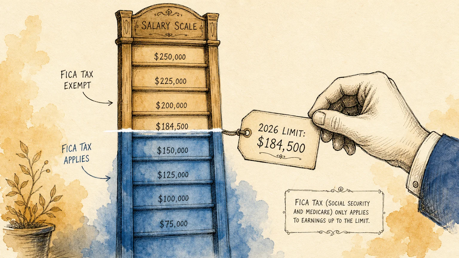 An ink and watercolor illustration of a wooden ladder representing a salary scale with a clear mark at 184,500 dollars.