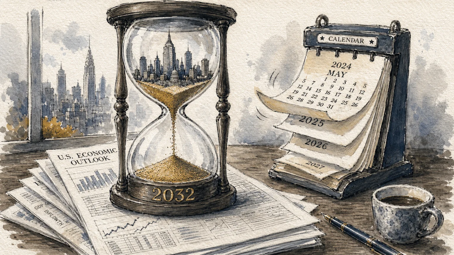An ink and watercolor illustration of an hourglass showing sand trickling down to the year 2032.