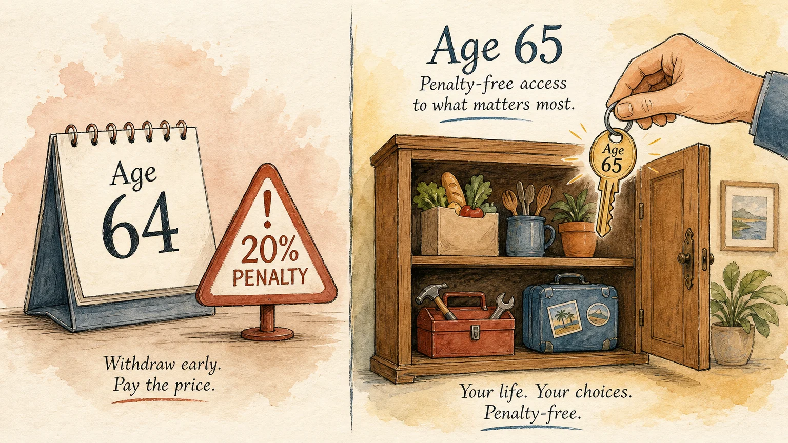 An ink and watercolor illustration showing the transition at age 65 from HSA penalties to penalty-free funds for personal use.