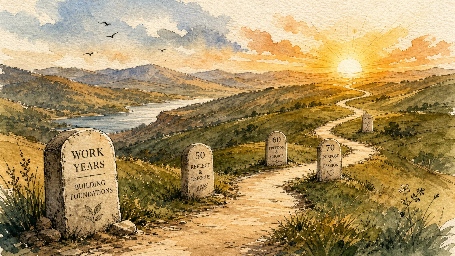 An ink and watercolor landscape showing a winding path towards a rising sun with milestone markers.