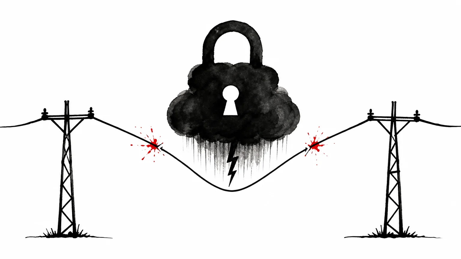 An ink drawing of a power line being pulled down by a cloud shaped like a padlock.