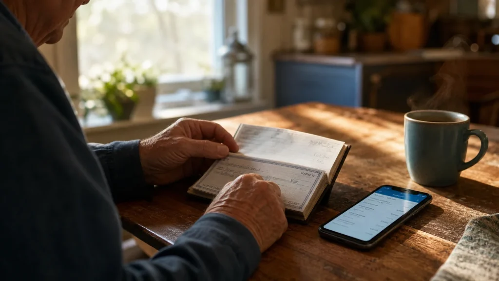 An older adult at a wooden table holds a paper checkbook next to a glowing smartphone, bathed in warm morning light.