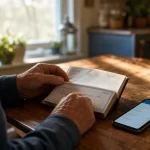 An older adult at a wooden table holds a paper checkbook next to a glowing smartphone, bathed in warm morning light.