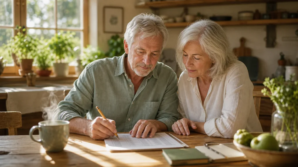 An older couple reviewing a budget ledger together at a sunlit kitchen table, looking relaxed and focused.