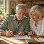 An older couple reviewing a budget ledger together at a sunlit kitchen table, looking relaxed and focused.
