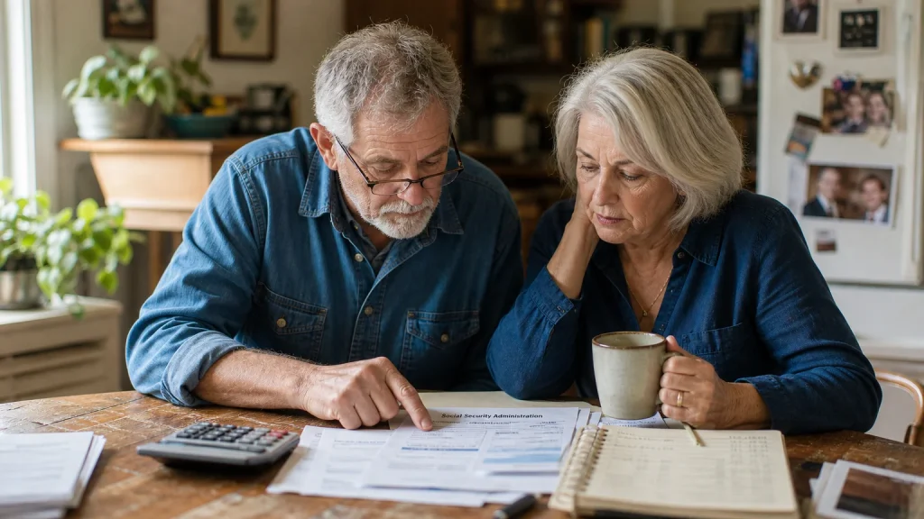 An older couple sitting at their kitchen table in warm morning light, reviewing budget papers, bills, and a Social Security document togethe