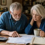 An older couple sitting at their kitchen table in warm morning light, reviewing budget papers, bills, and a Social Security document togethe