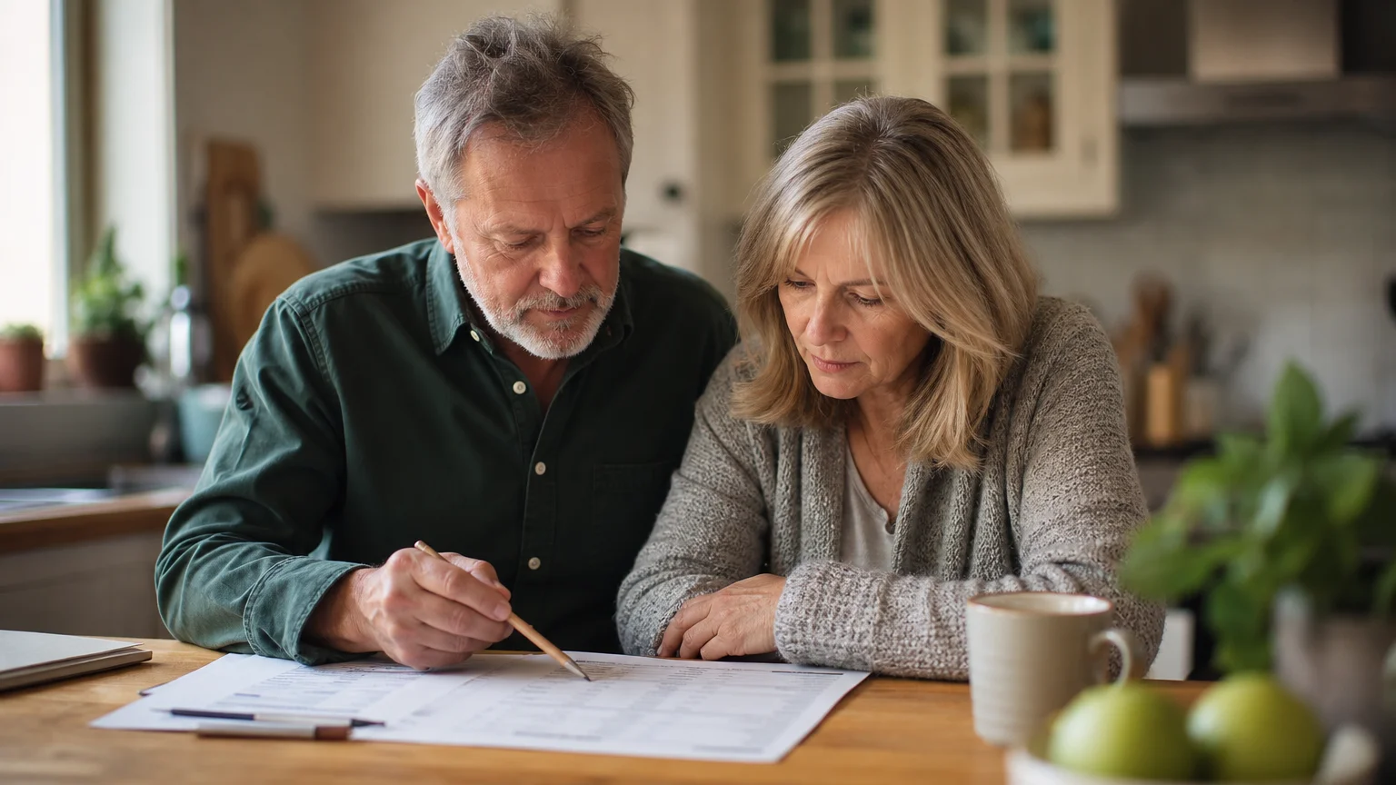 An older couple sitting at their kitchen table, thoughtfully reviewing financial documents together.