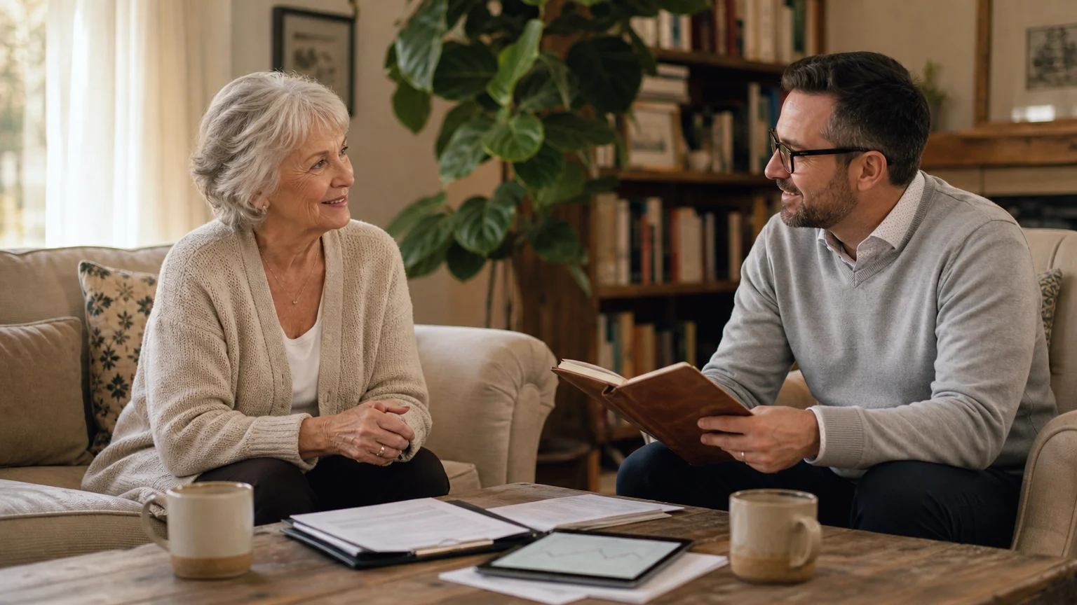An older woman consulting with a financial advisor in her cozy, sunlit living room over tea and documents.