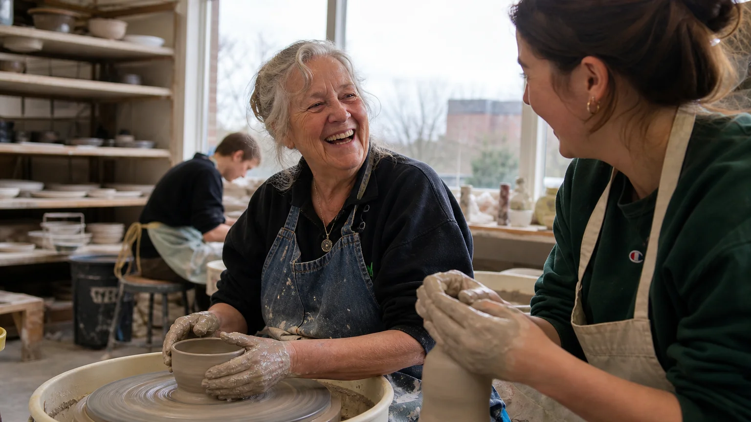 An older woman happily participates in a pottery-making class at a university studio, interacting with younger students.