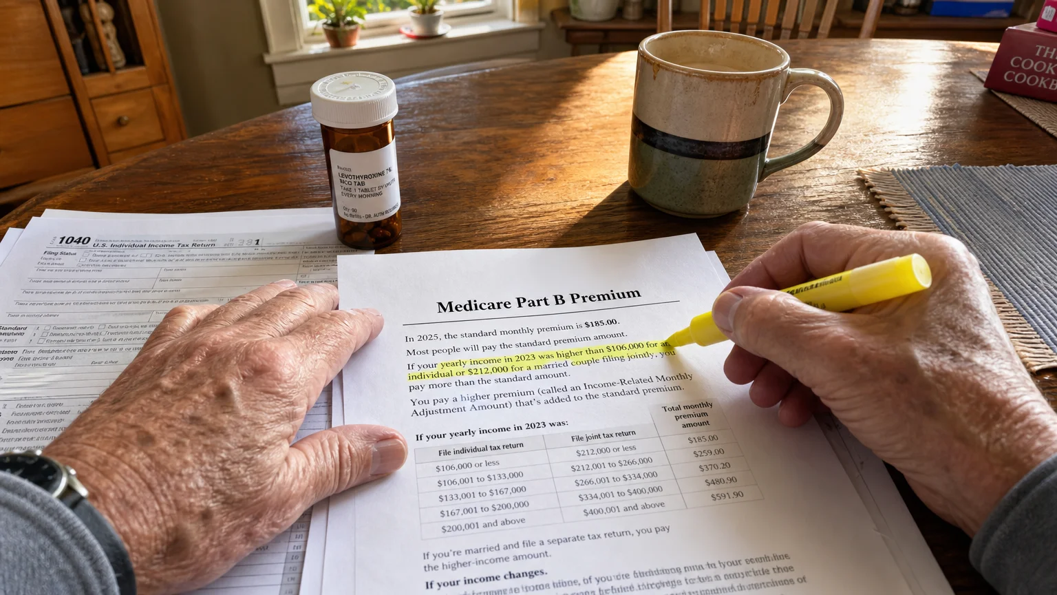 First-person view of an older person highlighting details on a Medicare Part B Premium form on a wooden table next to a prescription bottle.