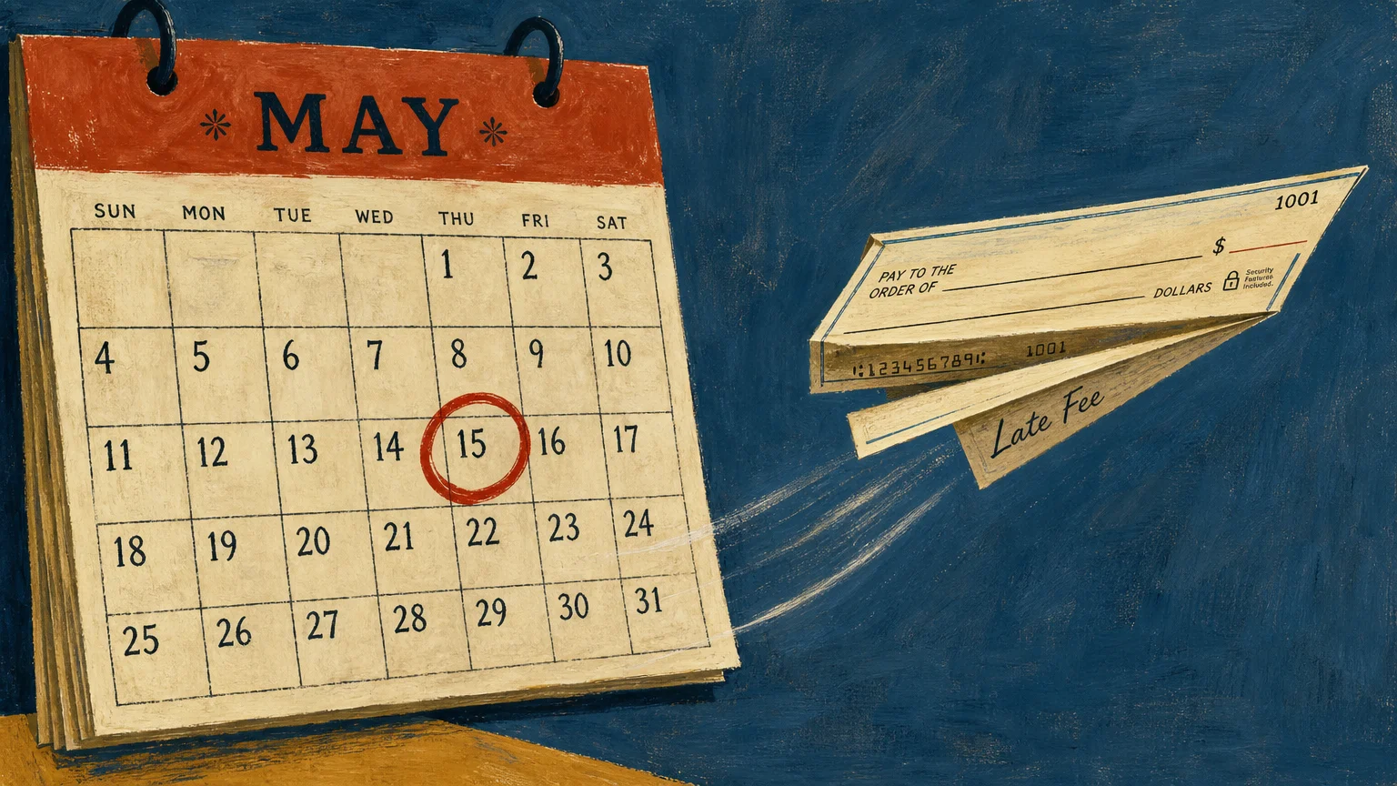 Gouache illustration of a paper check folded like an airplane flying past a circled date on a calendar, symbolizing a missed deadline.