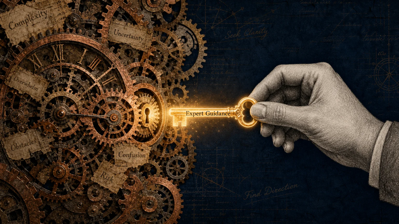 Illustration of a complex paper-craft machine being unlocked by a golden key, representing professional financial advice.