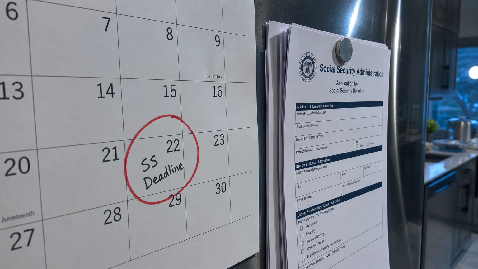Macro photo of a kitchen calendar with a date circled in red and Social Security forms nearby, emphasizing deadlines.