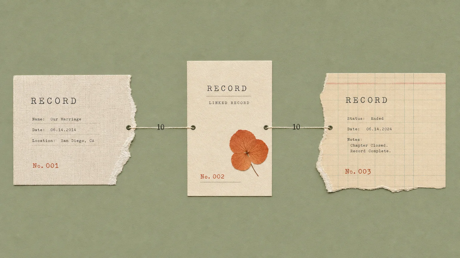 Minimalist collage of overlapping paper shapes and threads representing the rules for claiming benefits on a former spouse's work record.