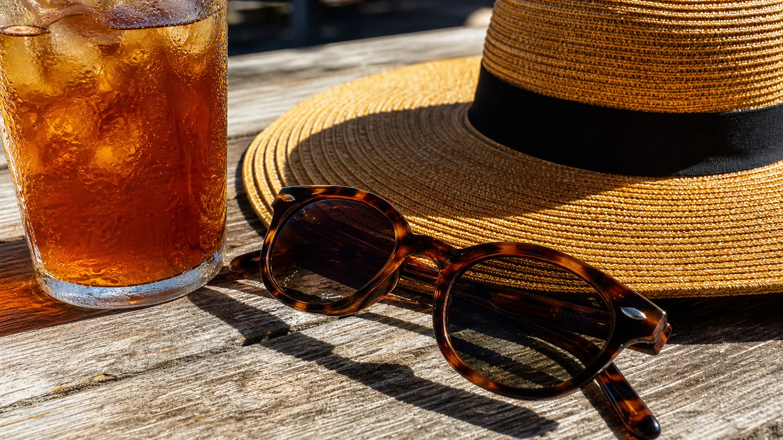 Sunglasses and a straw hat on a sun-drenched wooden table next to a cold drink.